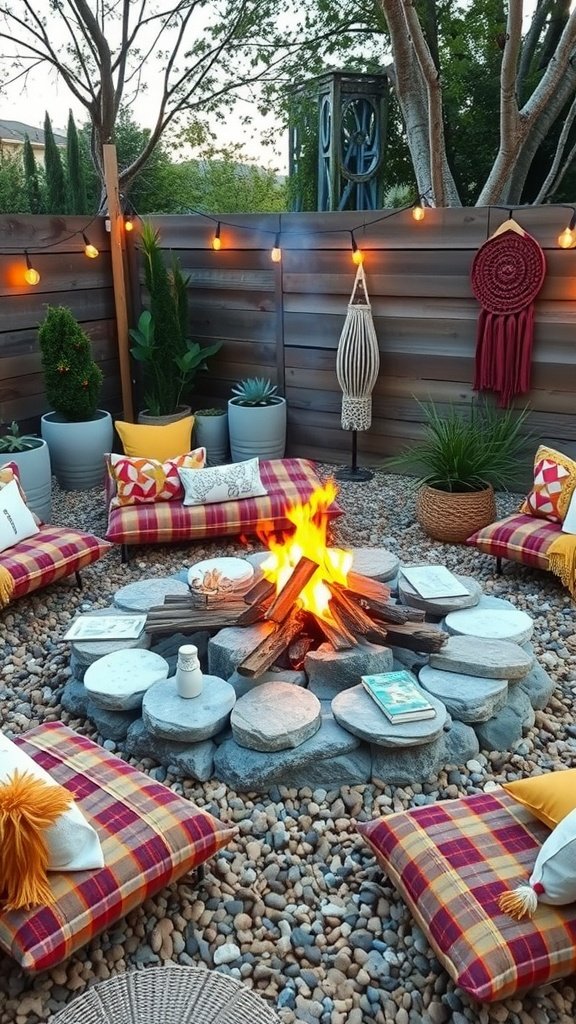 Bohemian outdoor fire pit surrounded by colorful cushions and plants, with string lights overhead