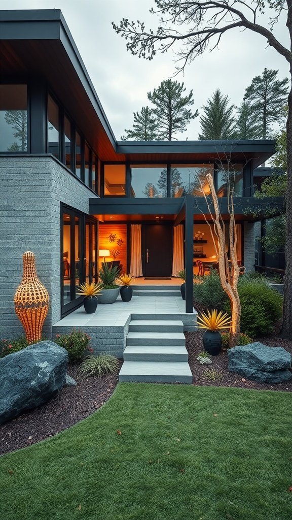 A contemporary house exterior featuring artistic outdoor installations, including a sculptural piece, lush greenery, and a welcoming entrance.