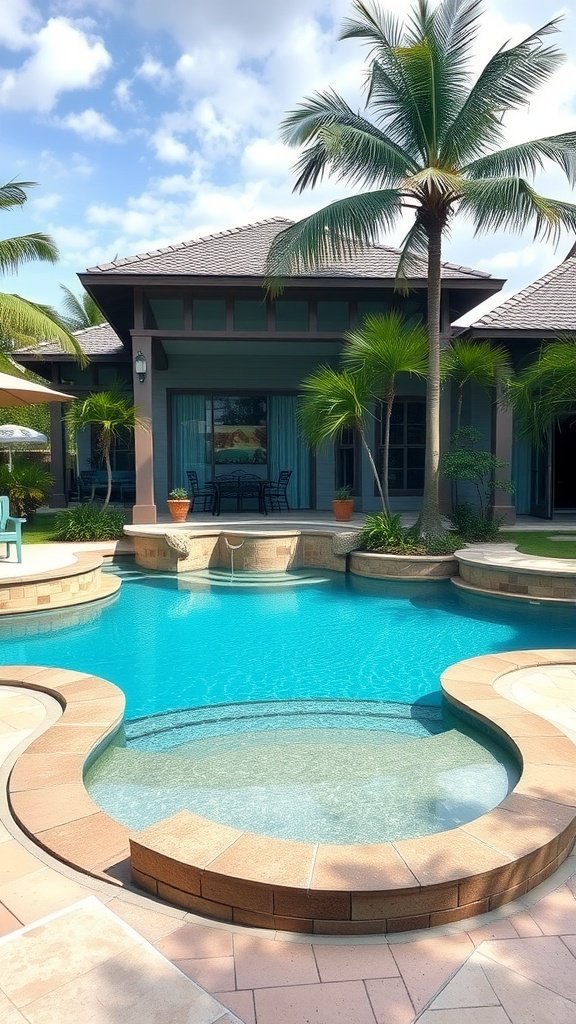A serene pool surrounded by palm trees and a modern tropical house, featuring a circular hot tub and inviting blue water.