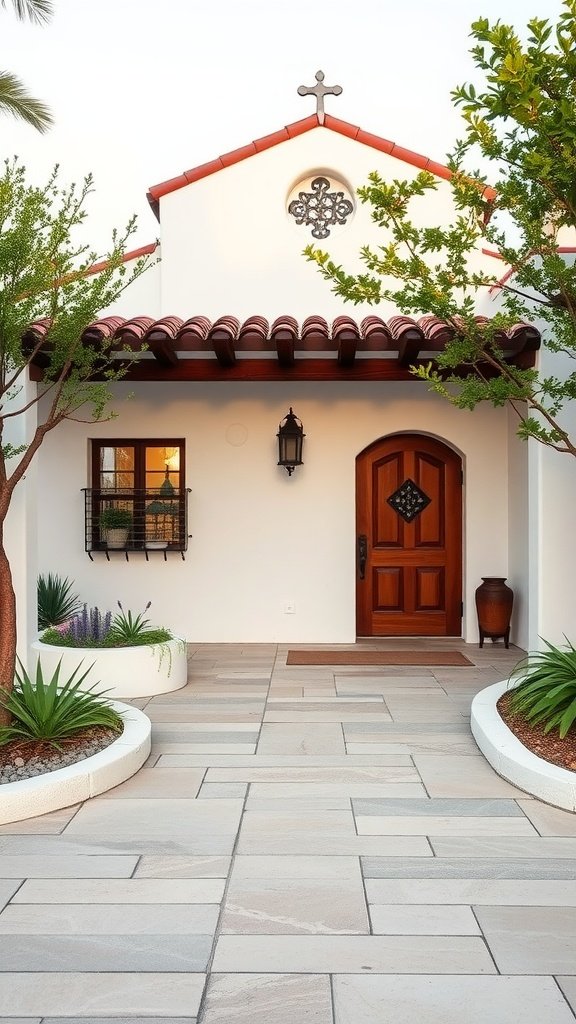 A beautiful Spanish Mission style home with a white exterior, terracotta roof, and lush greenery.