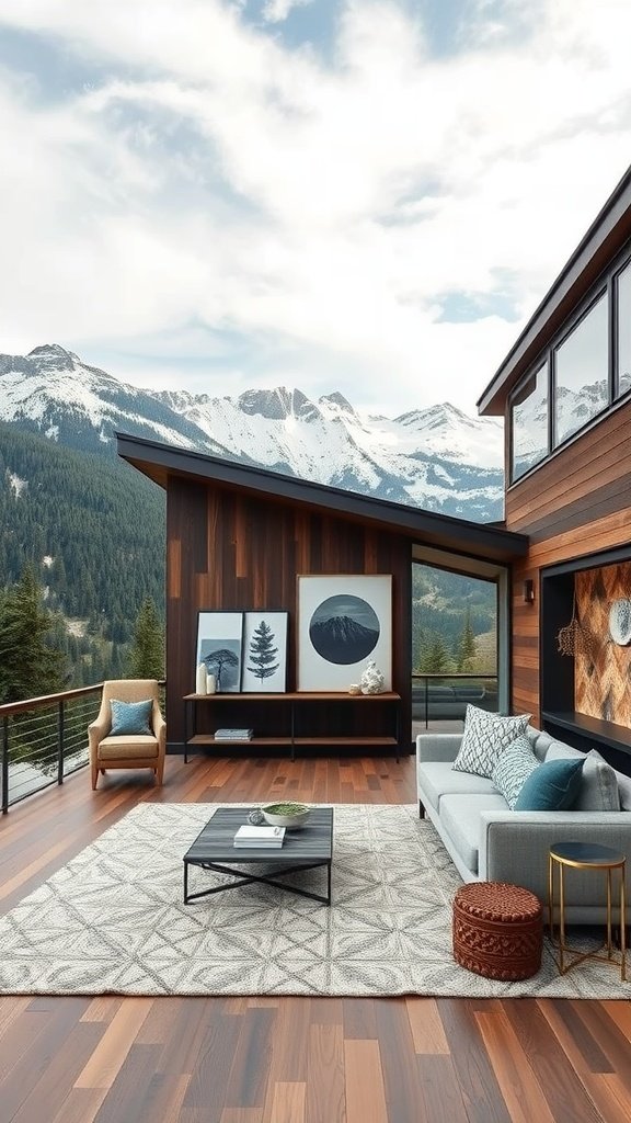 A modern mountain home living area with large windows and stylish decor