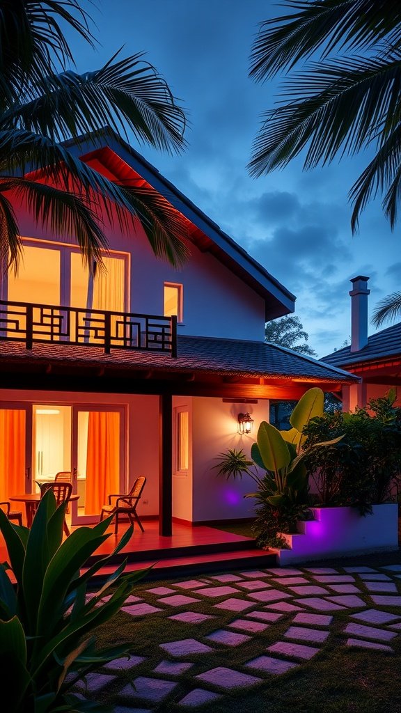 Modern tropical house with warm lighting and lush greenery at dusk