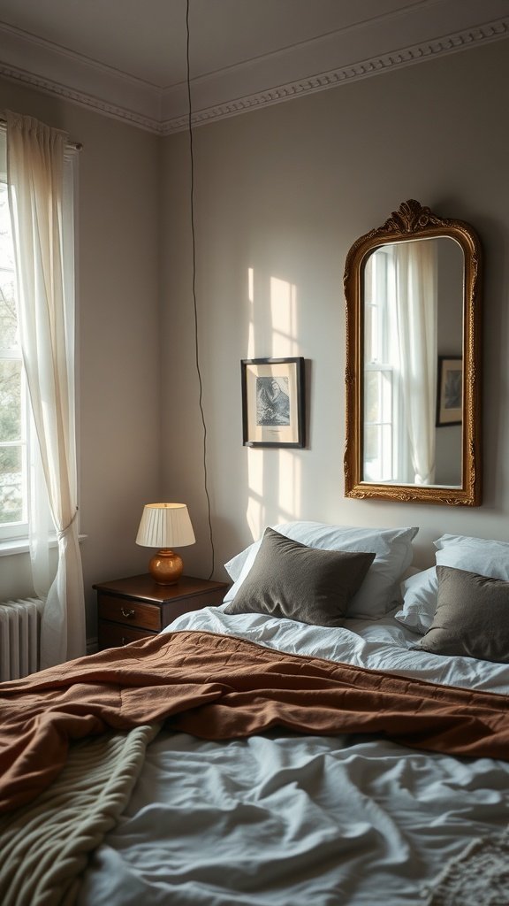 Cozy bedroom featuring a large ornate mirror, soft bedding, and warm lighting.