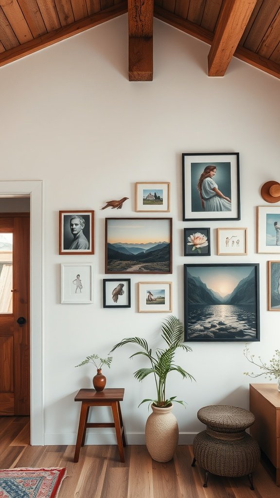Cozy living space with a gallery wall featuring various framed artworks and decor items.