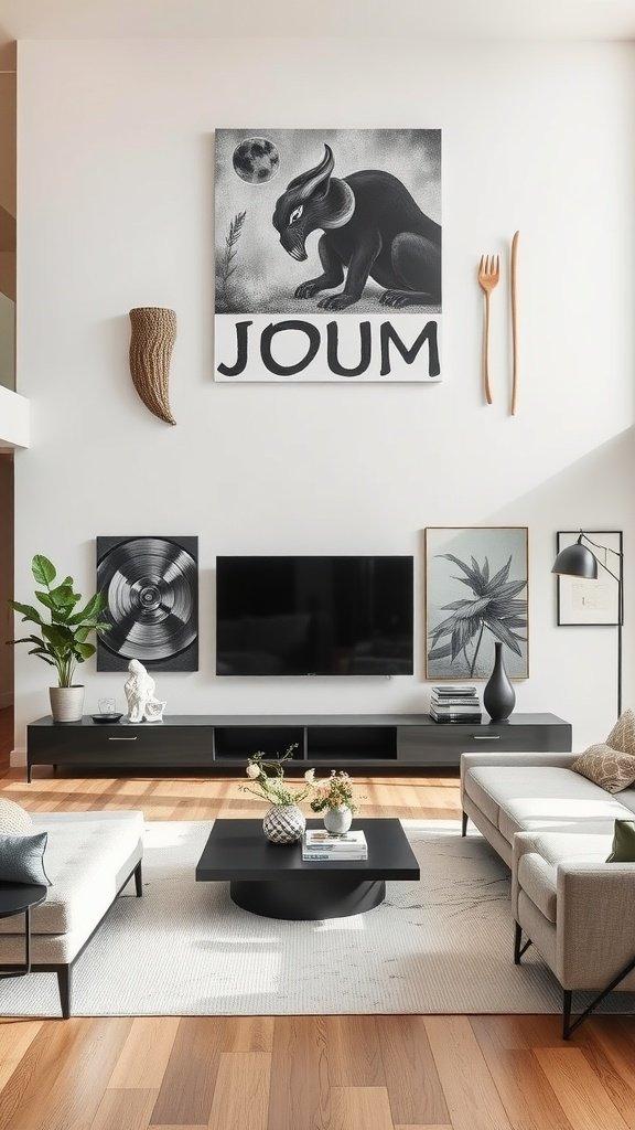 A modern living room featuring artistic wall installations, including a large painting of a black cat, a textured horn, and minimalist utensils.