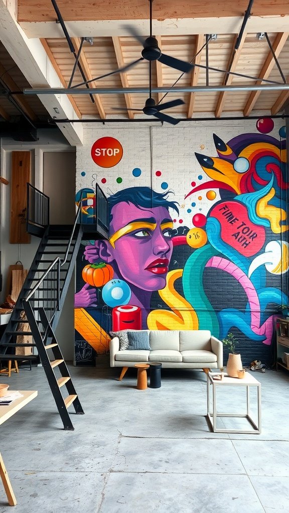 A modern loft featuring an artistic wall mural with bright colors and a unique character.