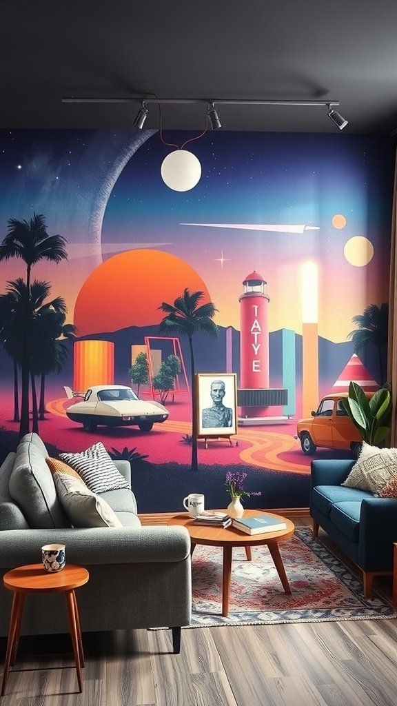 A colorful wall mural depicting a retro scene with palm trees, classic cars, and a sunset.