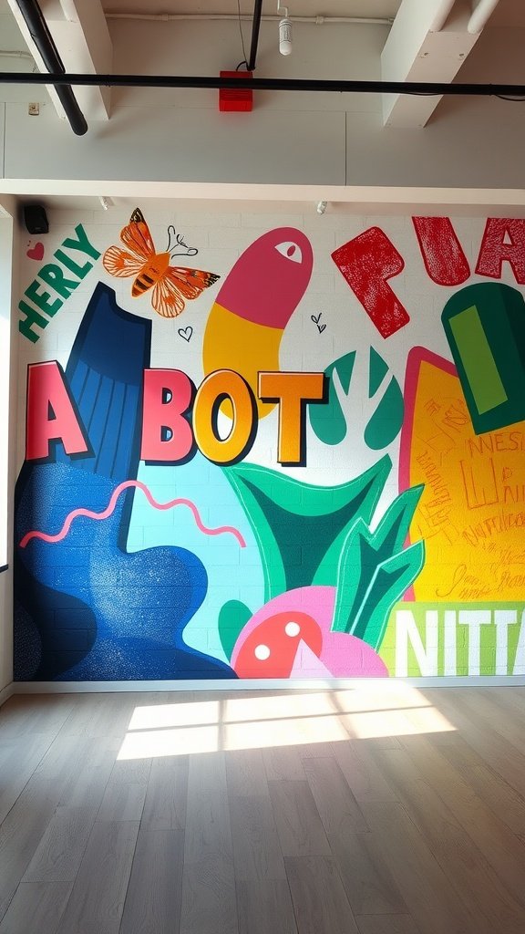 Colorful artistic wall mural featuring a butterfly and abstract shapes in a modern loft.