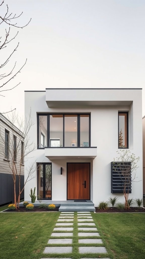 Modern house with asymmetrical design featuring large windows and a wooden front door