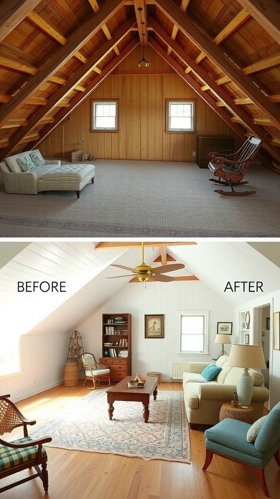 Before and after images of an attic conversion showing a transformation from a simple space to a cozy living room.