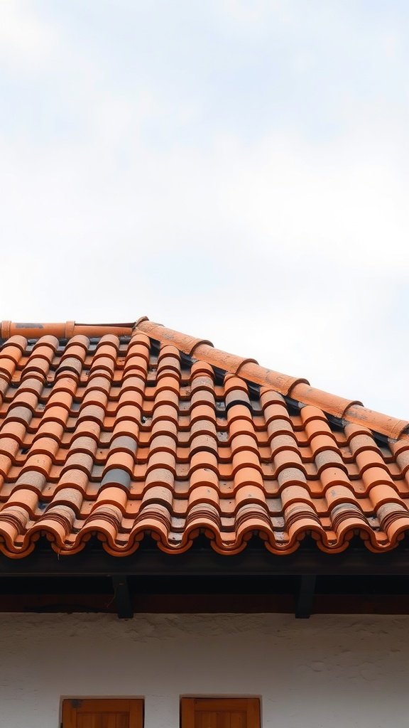 A close-up view of a classic Spanish clay roof with wavy tiles, showcasing warm tones against a blue sky.