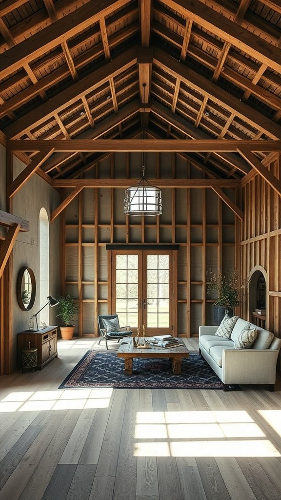 Interior of a modern barn house featuring high wooden beams, a cozy sofa, a natural wood coffee table, and large doors allowing natural light to flow in.