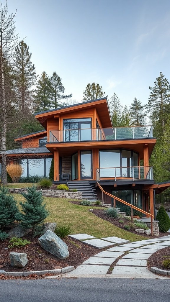 A modern house built into a hillside with wooden exterior and large glass windows