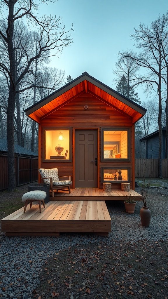 A cozy mid-century modern tiny house with wooden exterior and large windows, surrounded by trees.