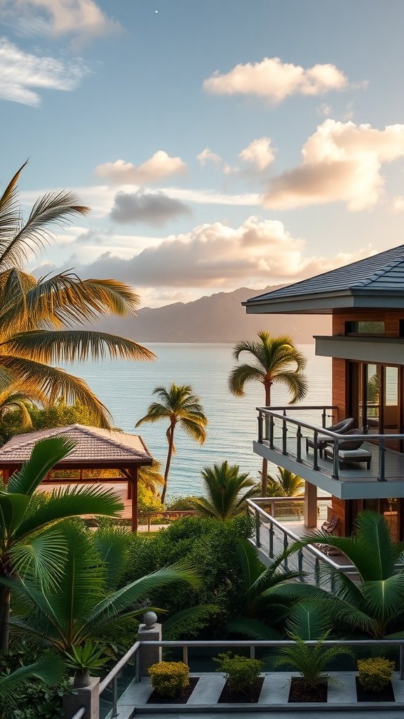 A tropical house balcony with a view of the ocean and mountains at sunset, surrounded by palm trees and lush greenery.
