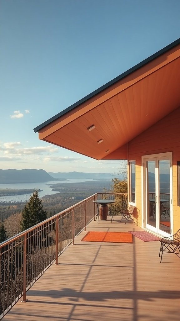 A balcony of a mid-century modern house with a scenic view overlooking hills and a lake.