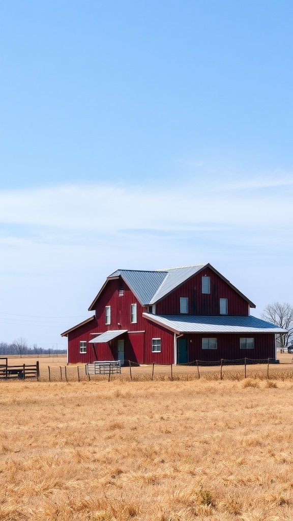 A red barn house with a unique roof design set against a clear blue sky and golden grass.