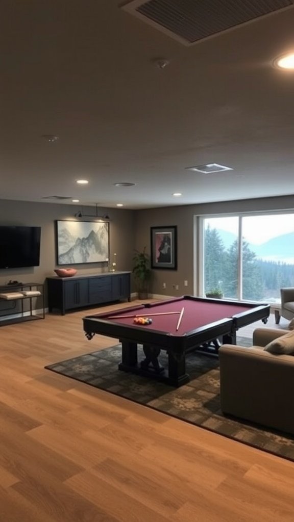 Basement game room with pool table and mountain view