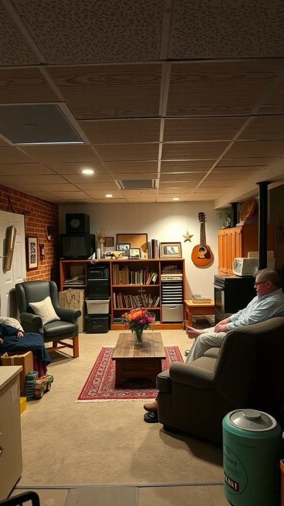 Revived basement space featuring cozy seating, plants, and personal decor.