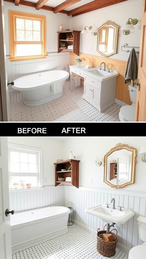 Before and after images of a renovated farmhouse bathroom showcasing a clawfoot tub, modern sink, and rustic wooden accents.