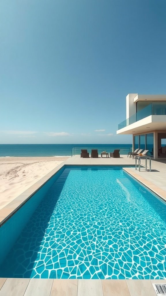 A modern beach house with a shimmering pool overlooking the ocean
