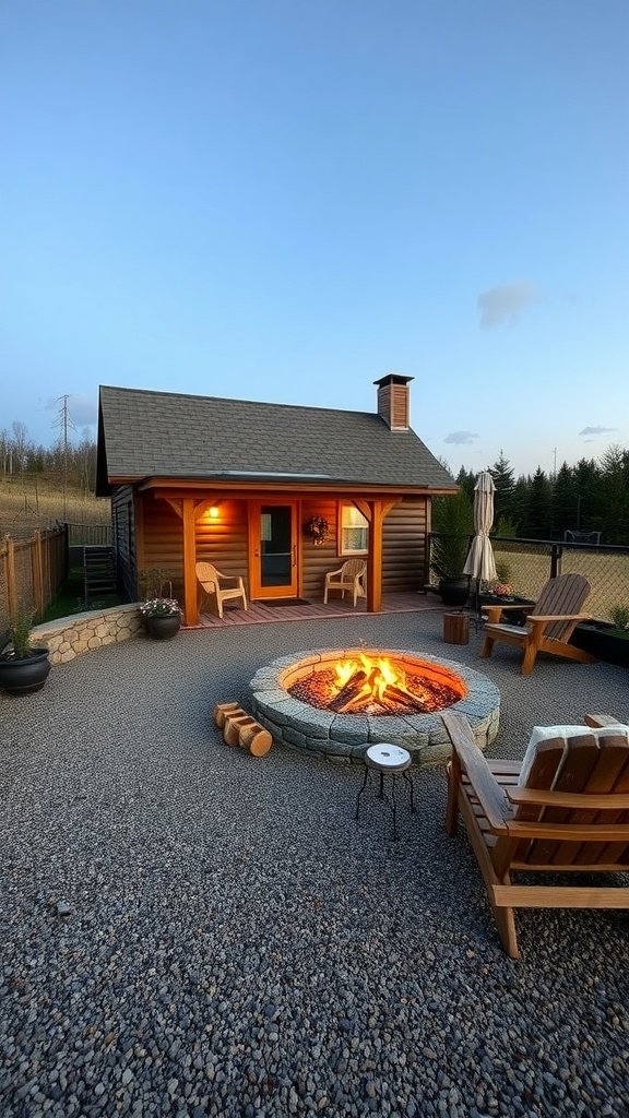 A cozy outdoor fire pit surrounded by comfortable seating and a charming cottage in the background.