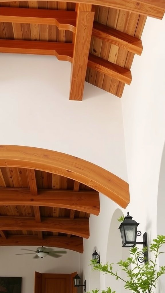 Interior view showcasing beautifully crafted wooden beams in a Mediterranean style home.