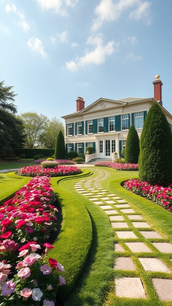 A beautifully landscaped estate with a stone pathway and colorful flower beds.