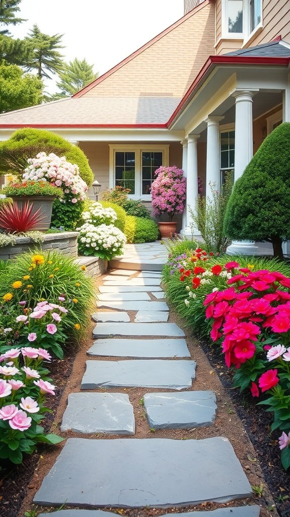 Landscape image depicting a stone pathway lined with colorful flowers leading to a home.