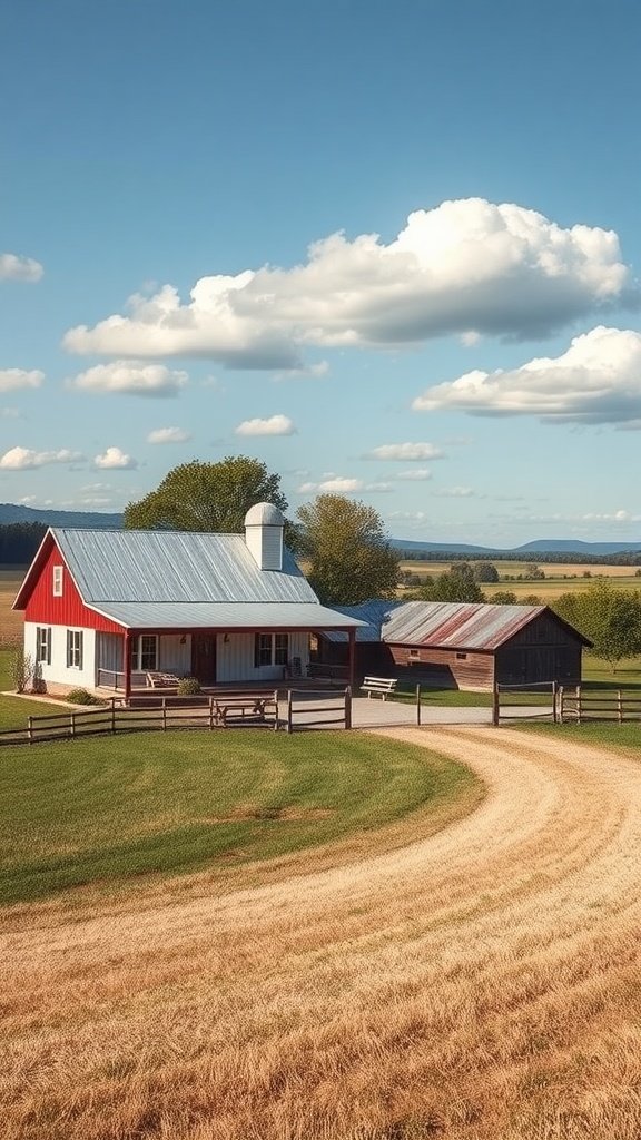 A beautifully restored farmhouse with a red exterior, surrounded by green fields and a rustic barn.