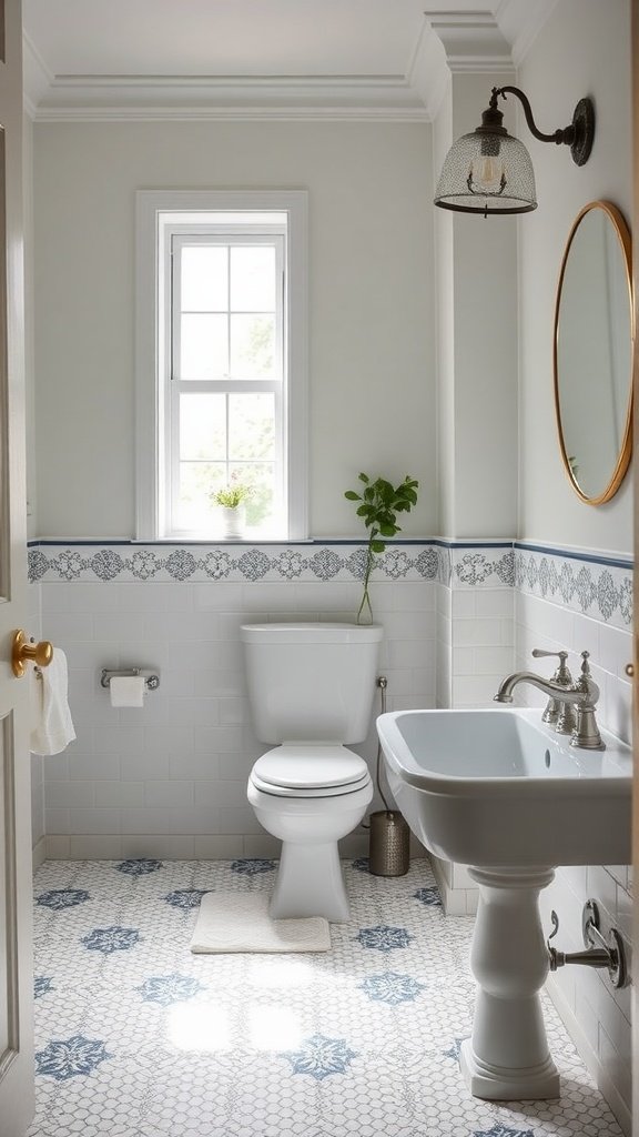 Elegant bathroom with blue tiled flooring, vintage fixtures, and natural light.