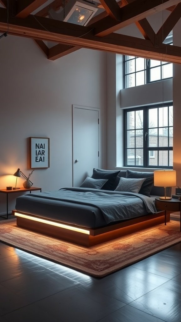 Modern loft queen bed with under-bed lighting
