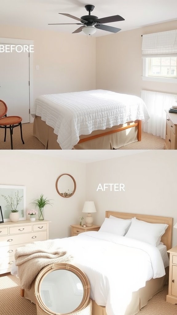 Before and after images of a bedroom renovation showing a transformation from a cluttered space to a cozy retreat.