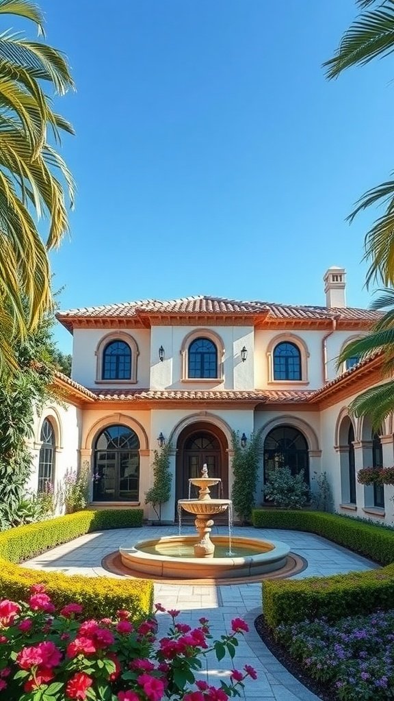 Spanish Mediterranean home featuring a central fountain surrounded by flowers and greenery