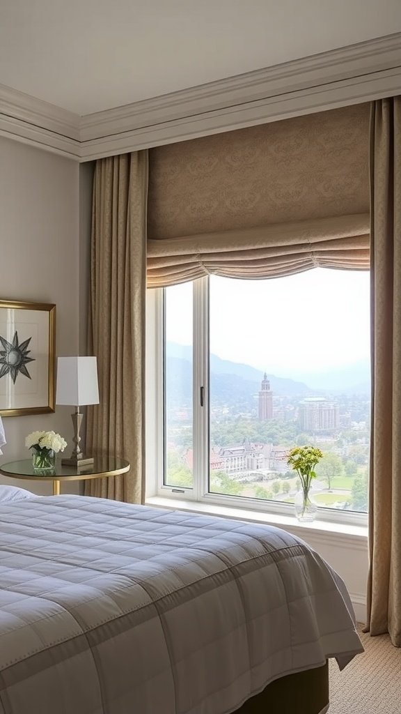 A cozy guest bedroom featuring elegant bespoke window treatments framing a scenic view.