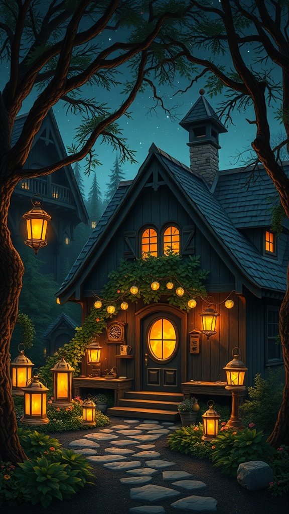 A charming dark cottage with warm lanterns, surrounded by trees and greenery.