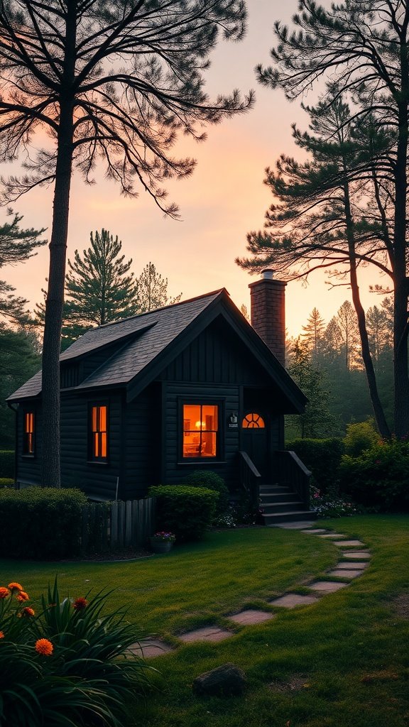 A small black cottage surrounded by tall trees and a well-kept garden, with warm light glowing from the windows during sunset.