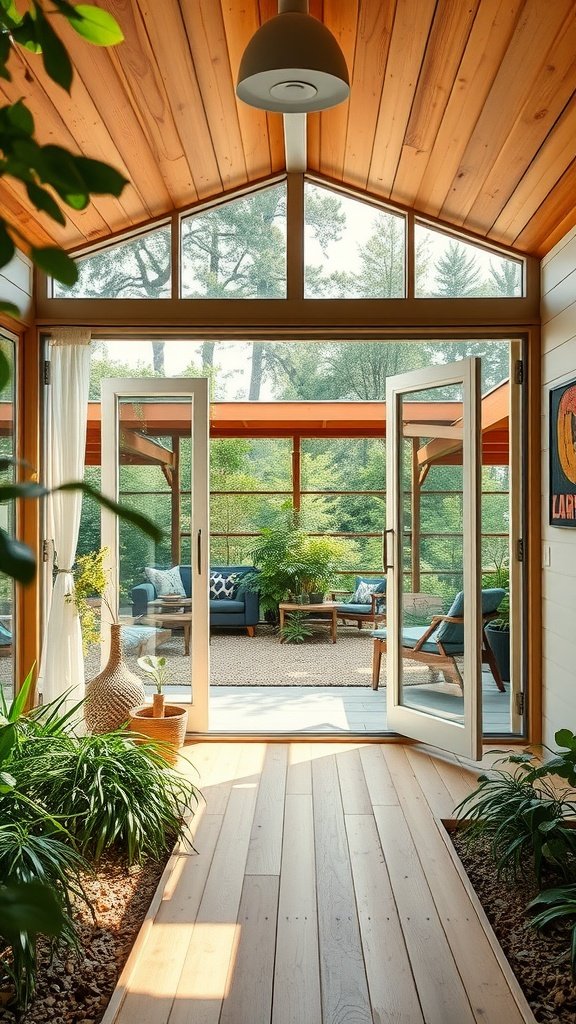 Interior view of a mid-century modern tiny house with open doors leading to an outdoor seating area, surrounded by plants.