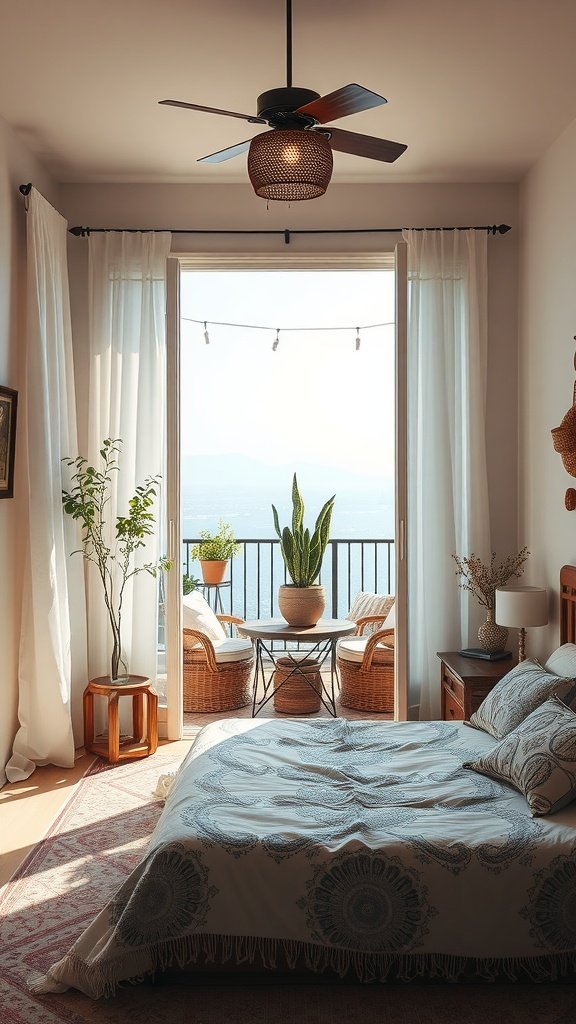 A cozy bohemian style bedroom with large sliding doors leading to a balcony, featuring a bed with decorative pillows and a woven light fixture.