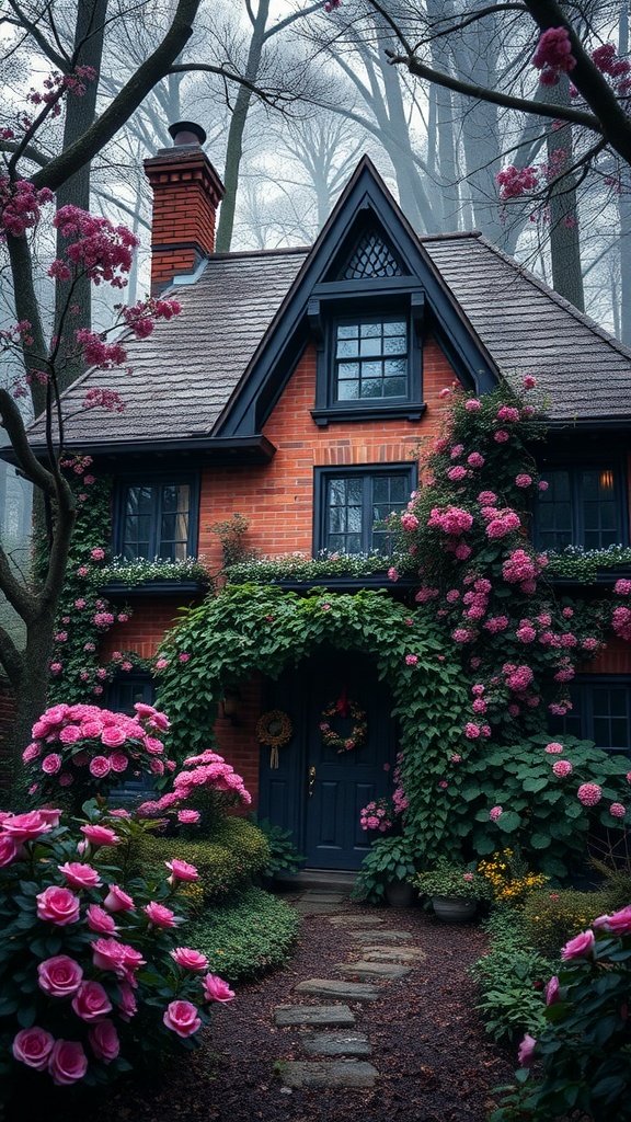 A charming brick cottage surrounded by blooming pink flowers and greenery, set in a misty forest.