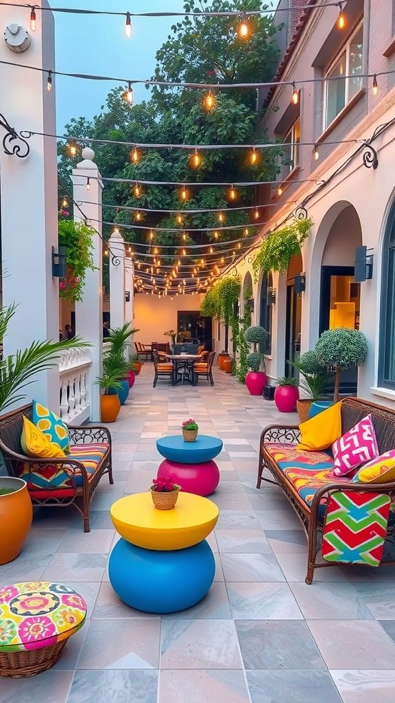 A colorful bohemian-style outdoor seating area with rattan sofas, vibrant cushions, and string lights.