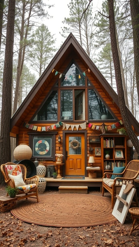A cozy Bohemian A-Frame house surrounded by trees, featuring a wooden door, colorful decorations, and inviting outdoor seating.