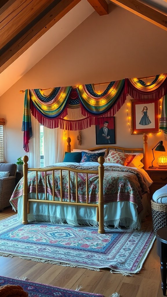 Cozy Bohemian loft bed with a colorful canopy and warm lighting