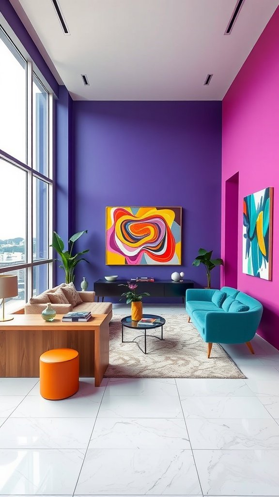 A modern penthouse living room with bold purple walls, a turquoise sofa, colorful artwork, and a stylish coffee table.