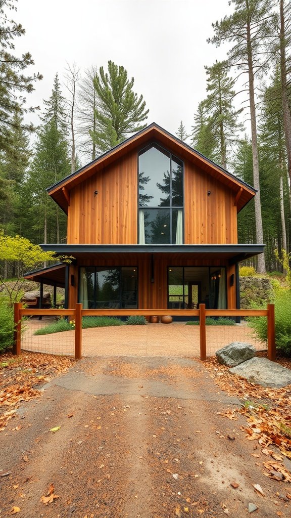 Mid-century modern cabin with wood siding and large glass windows surrounded by trees