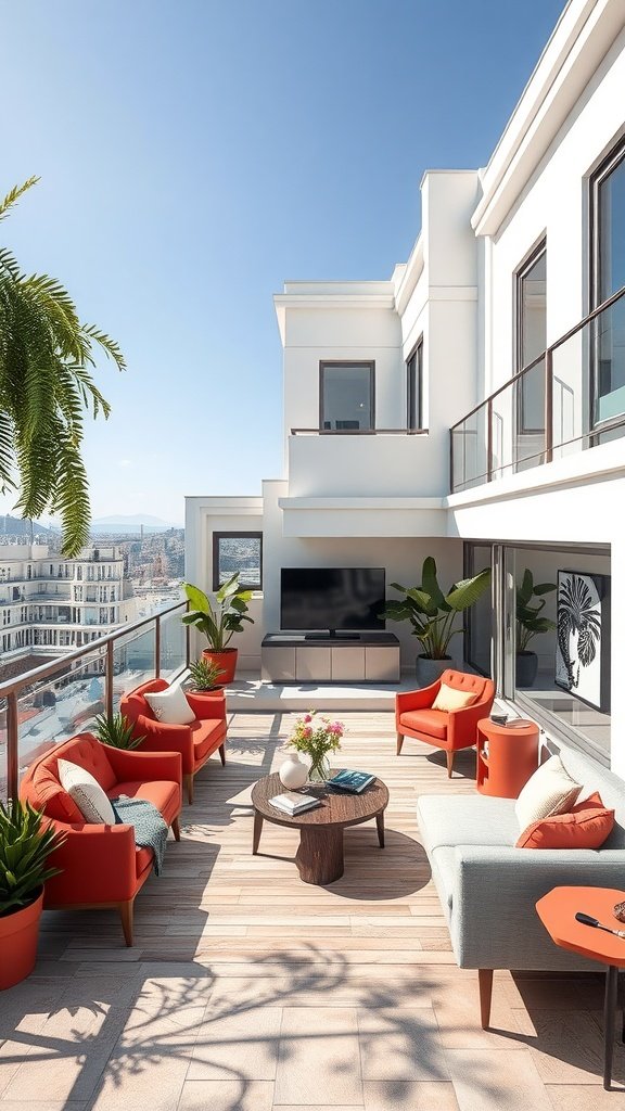 Luxurious penthouse terrace with bold orange furniture and greenery
