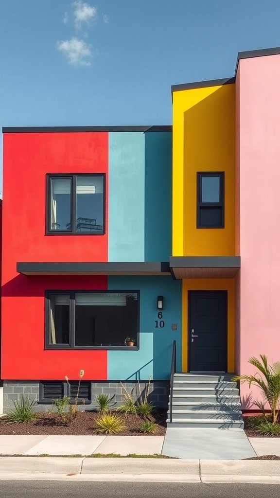 A contemporary house exterior featuring bold color combinations of red, blue, yellow, and pink.