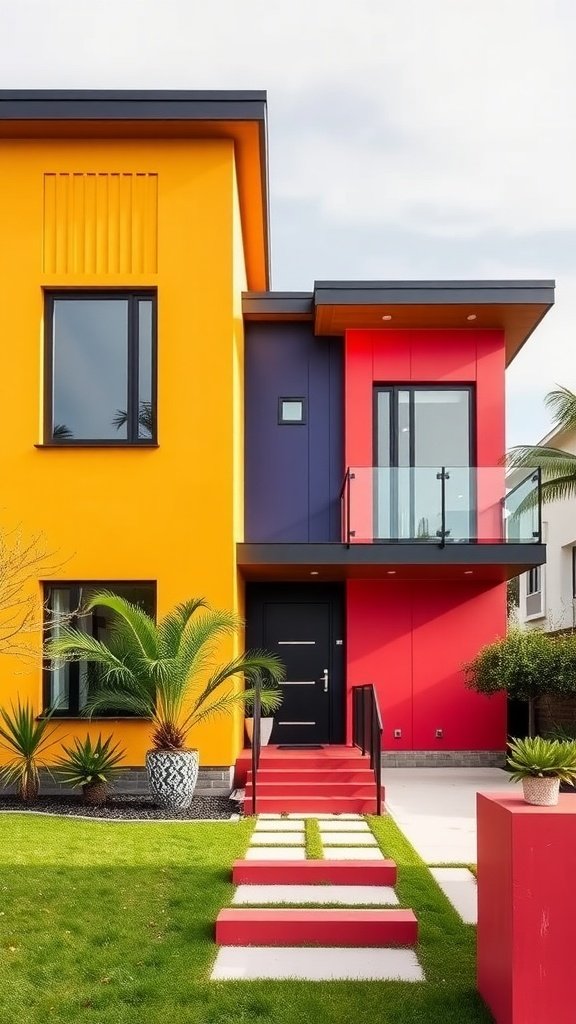A modern house with a turquoise exterior and an orange door, surrounded by red planters and colorful plants.