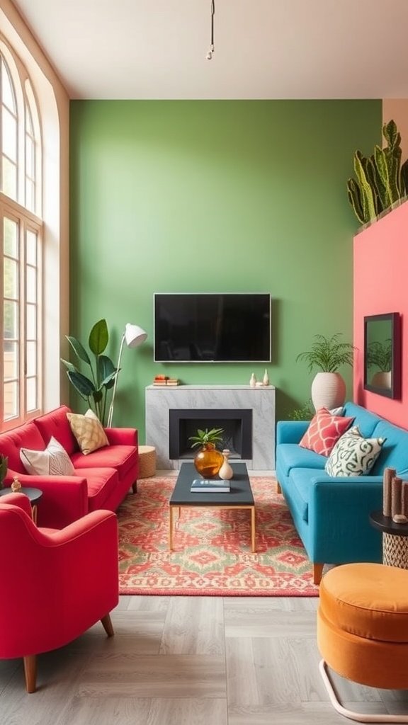 A modern loft living room with bright red and blue sofas, a green wall, and a dark coffee table.