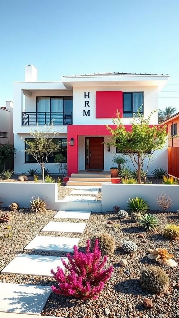 A modern house with bold red accents against a minimalist white exterior, featuring a landscaped garden.